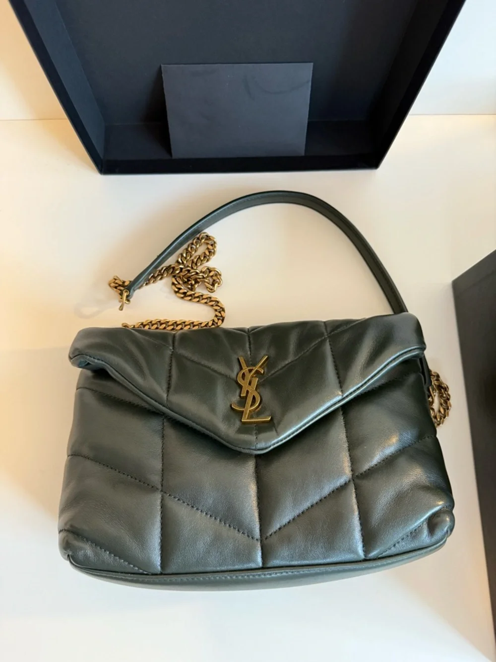 Saint Laurent Quilted Chevron Leather Shoulder Bag in Olive - Picture 2 of 9